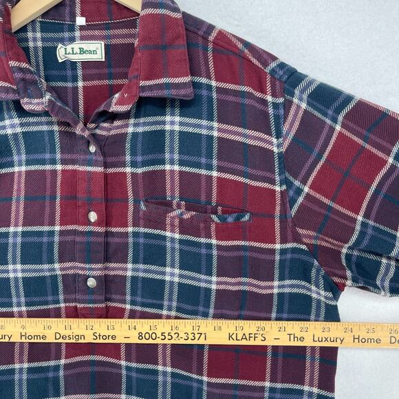 LL BEAN Shirt Womens L Flannel Plaid Cropped Crafted Popover Long Sleeve Red - Picture 12 of 14